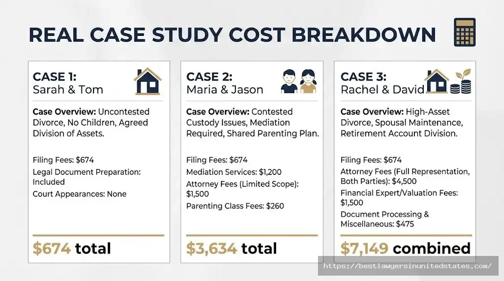 hree real Arizona divorce cost examples ranging from $674 DIY case to $7,149 mediated divorce with children and assets