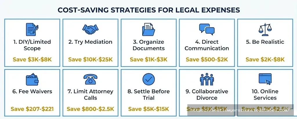10 Idaho divorce cost-saving strategies DIY saves $3K-$8K, mediation saves $10K-$25K, document organization saves $1K-$3K