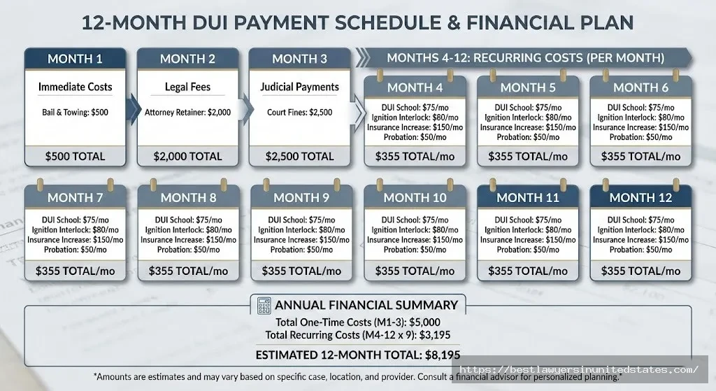 12-month timeline showing when different DUI costs are due from arrest through first year