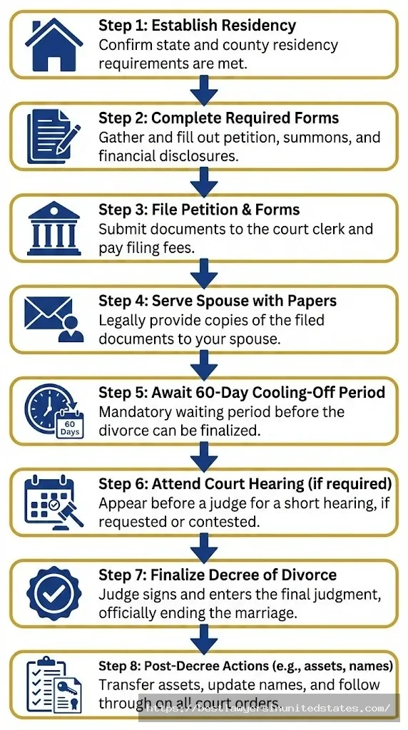 8-step flowchart showing DIY divorce process in Nebraska from residency requirements to final decree of dissolution