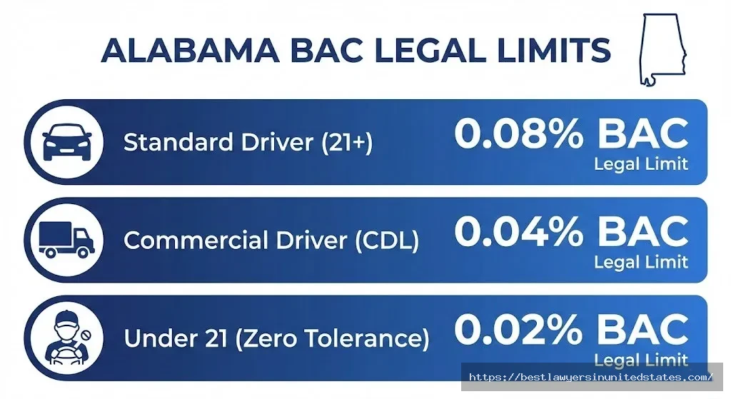 Alabama BAC legal limits chart showing 0.08% standard, 0.04% CDL, 0.02% under 21