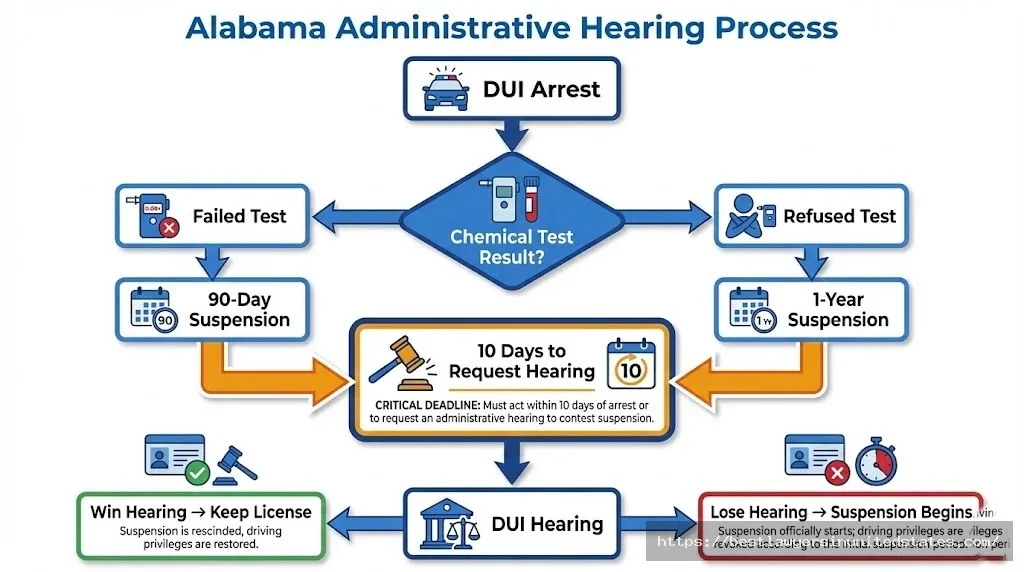Alabama DUI administrative hearing flowchart showing license suspension process and 10-day deadline