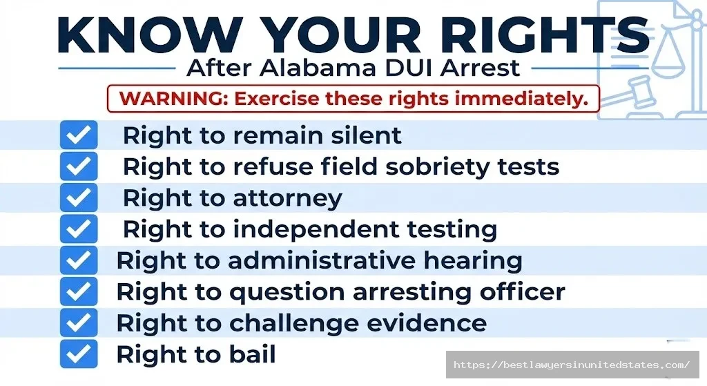 Alabama DUI arrest rights checklist showing right to remain silent, attorney, and hearing request