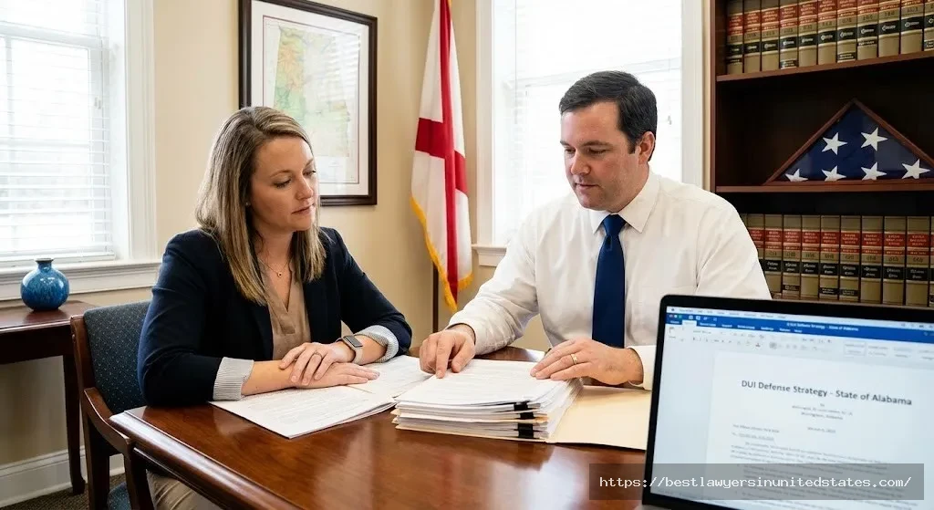 Alabama DUI defense attorney consulting with client about criminal charges and defense options