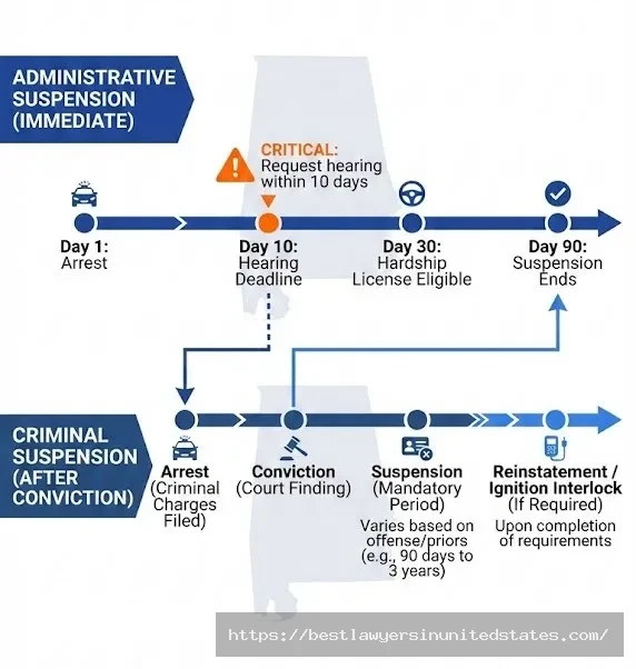 Alabama DUI dual suspension process showing administrative and criminal license penalties timeline