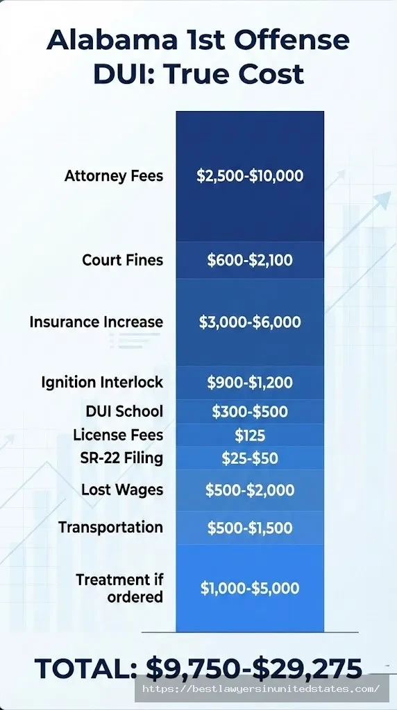 Alabama DUI first offense cost breakdown showing attorney fees, fines, insurance, and total expenses