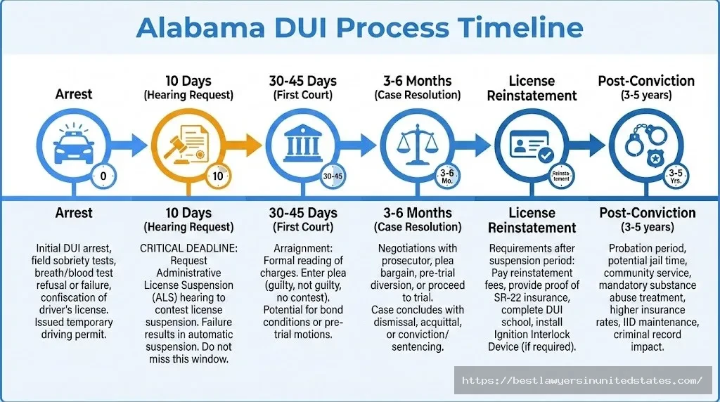 Alabama DUI legal process timeline from arrest through case resolution and license reinstatement