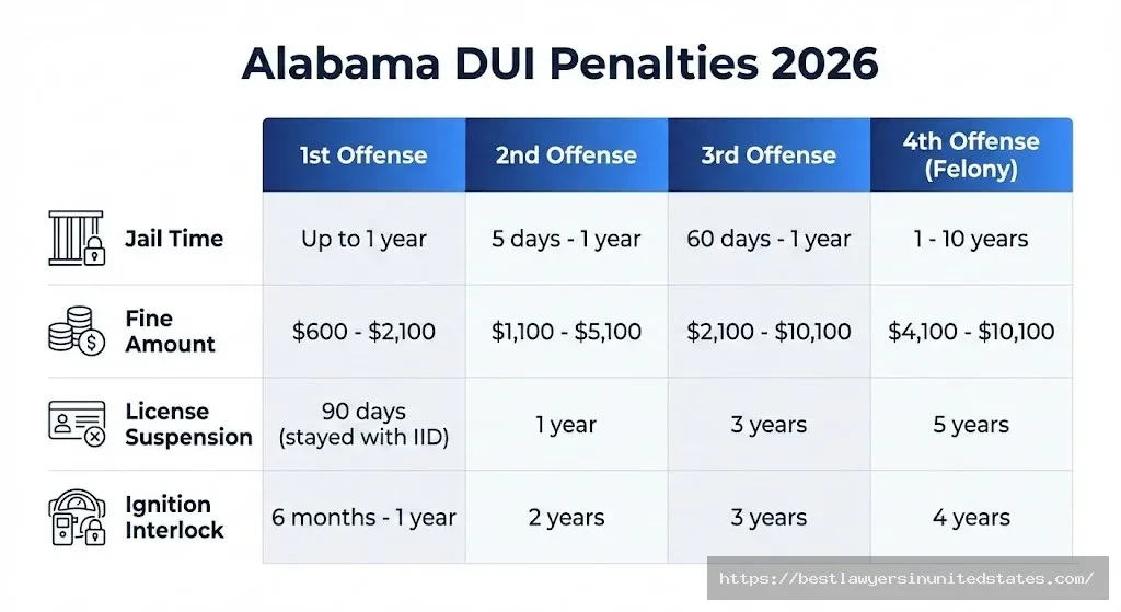 Alabama DUI penalty comparison showing jail time, fines, and suspension by offense level