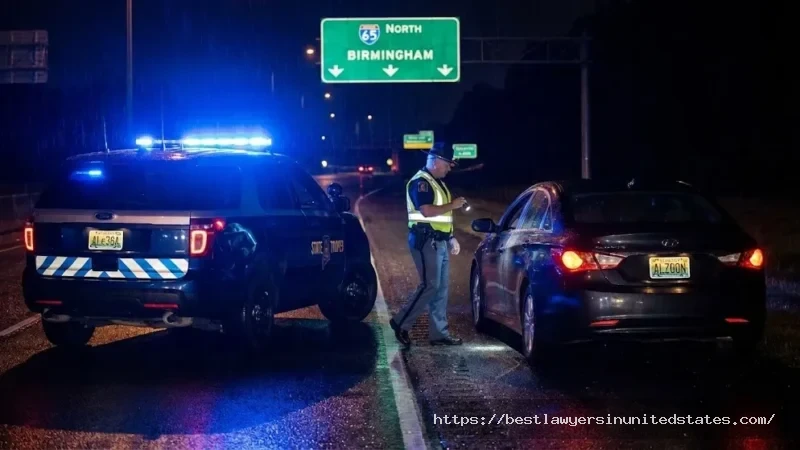Alabama DUI traffic stop at night with police officer approaching vehicle on highway