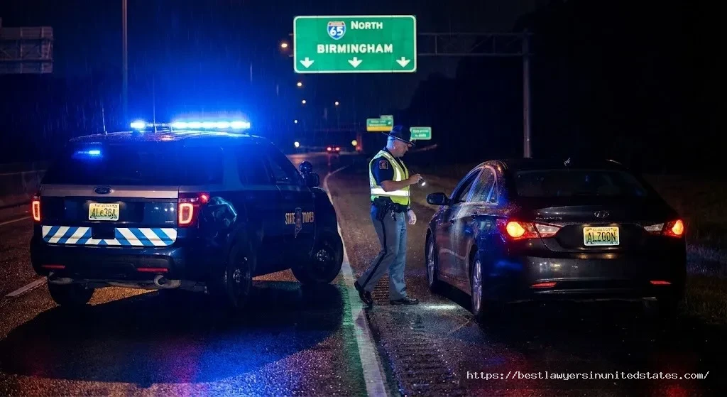 Alabama DUI traffic stop at night with police officer approaching vehicle on highway