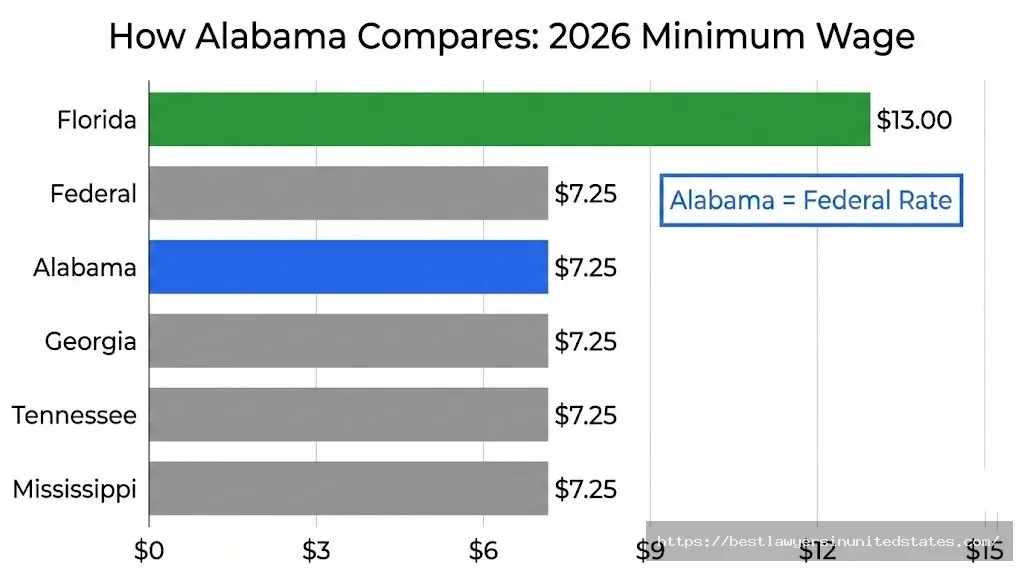 Alabama minimum wage compared to Florida Georgia Tennessee Mississippi federal rates 2026