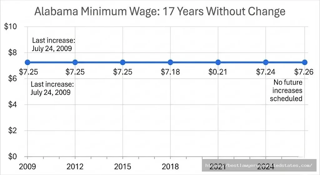Alabama minimum wage history 2009 to 2026 flat $7.25 no increases timeline