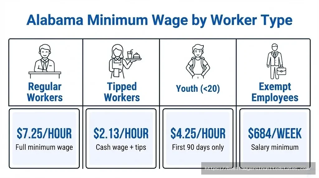 Alabama minimum wage rates by worker type regular tipped youth exempt employees