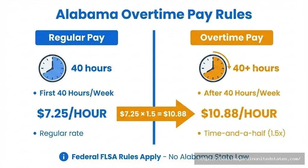 Alabama overtime pay rules 1.5x after 40 hours $10.88 per hour calculation
