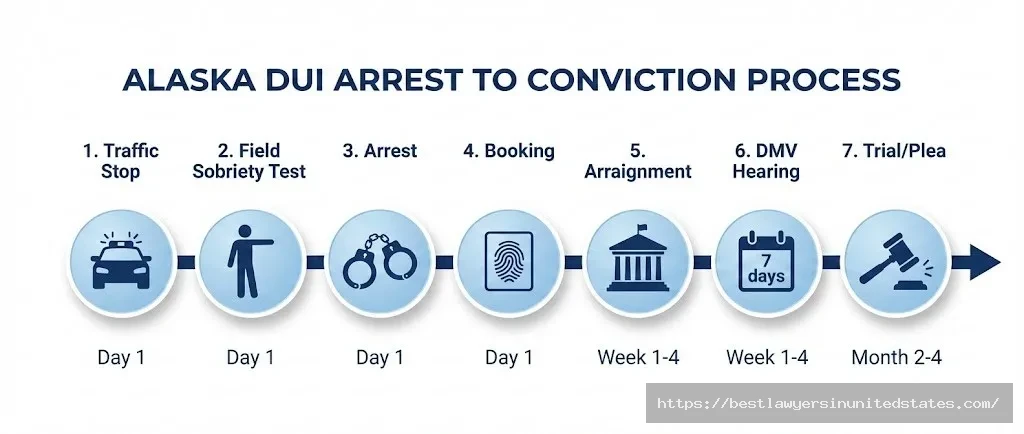 Alaska DUI arrest process timeline from traffic stop to trial showing 7 stages and timeframes