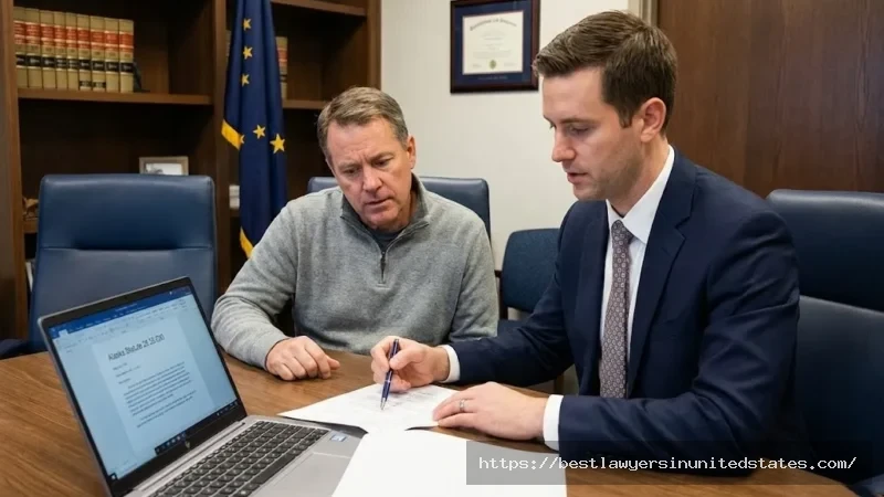 Alaska DUI attorney consulting with client in law office reviewing case documents and Alaska statutes