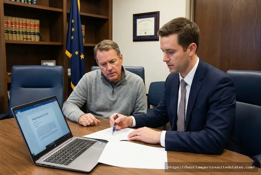 Alaska DUI attorney consulting with client in law office reviewing case documents and Alaska statutes