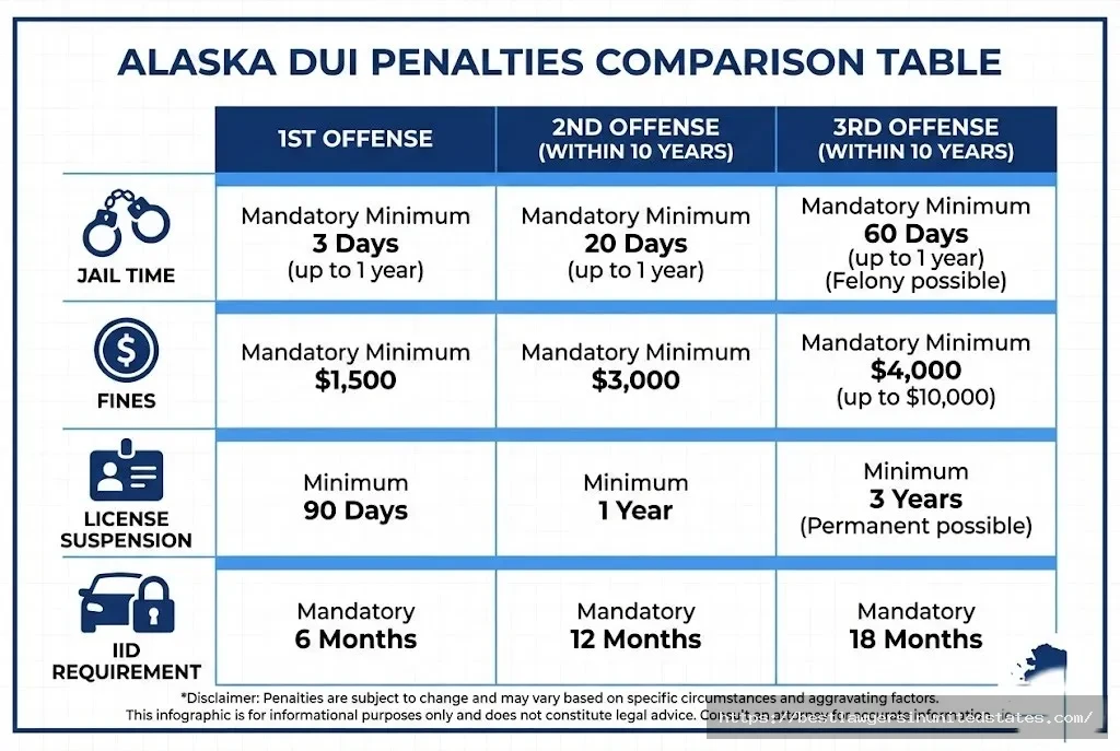 Alaska DUI penalties comparison showing jail time, fines, and license suspension for 1st, 2nd, and 3rd offenses