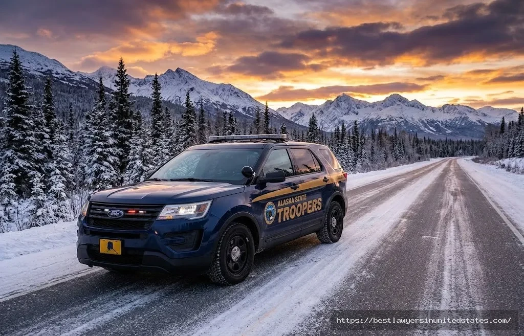 Alaska State Trooper vehicle on remote highway showing winter enforcement conditions in rural Alaska