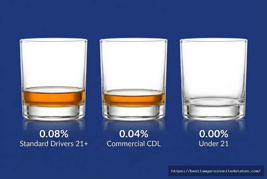 Alaska blood alcohol content limits 0.08% standard, 0.04% commercial drivers, 0.00% under 21 visual comparison