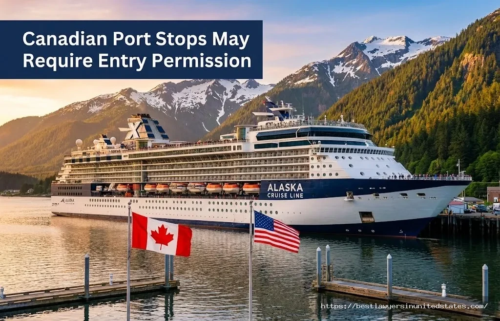 Alaska cruise ship in port showing Canadian and US flags representing international travel restrictions with DUI conviction