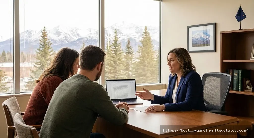 Alaska divorce attorney consulting with client in modern Anchorage law office showing professional legal representation