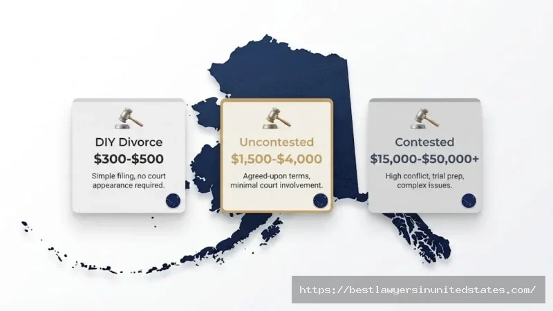 Alaska divorce cost breakdown showing DIY, uncontested, and contested divorce price ranges on Alaska state map