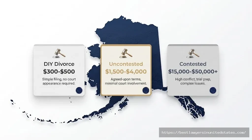 Alaska divorce cost breakdown showing DIY, uncontested, and contested divorce price ranges on Alaska state map