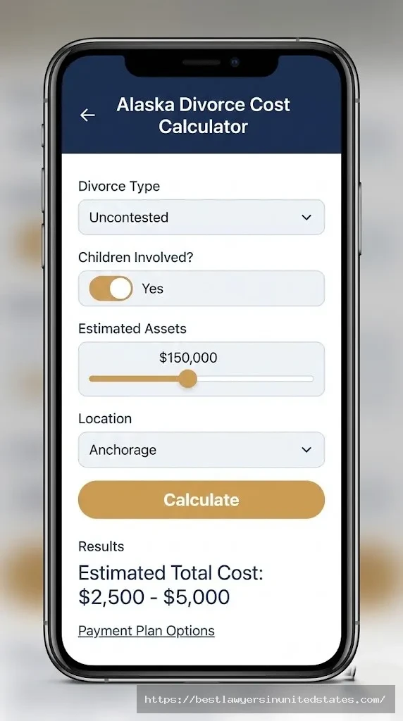 Alaska divorce cost calculator mobile interface showing input options for divorce type, children, assets, and location with estimated cost results