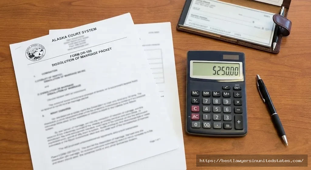 Alaska divorce filing documents Form DR-100 with calculator showing $250 filing fee for Superior Court dissolution of marriage