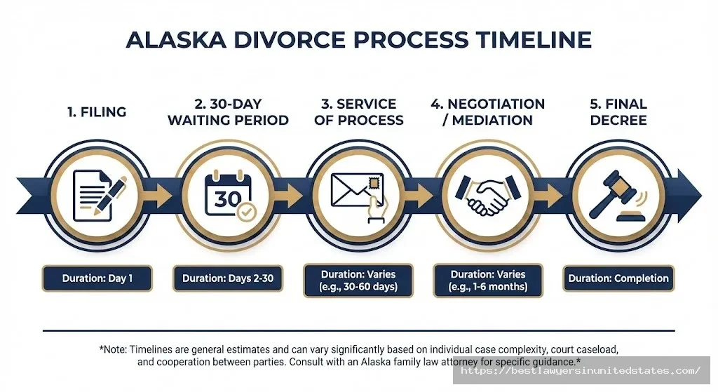 Alaska divorce process timeline showing five stages from filing to final decree with 30-day mandatory waiting period and typical duration