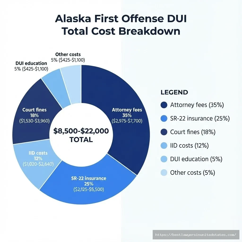 Alaska first offense DUI cost breakdown showing attorney fees, insurance, IID, and court fines totaling $8,500-$22,000