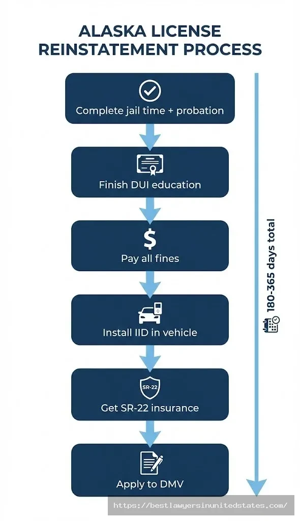 Alaska license reinstatement process flowchart showing 6 required steps from jail completion to DMV application