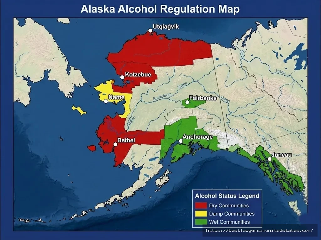 Alaska map showing dry, damp, and wet alcohol communities including North Slope Borough and major cities