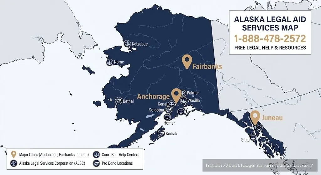 Alaska map showing legal aid resources locations in Anchorage, Fairbanks, and Juneau with Alaska Legal Services Corporation contact information