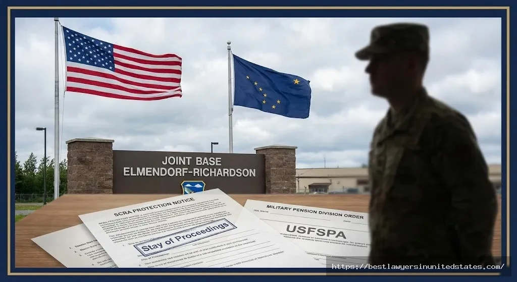 Alaska military divorce documents showing SCRA protections and pension division paperwork at Joint Base Elmendorf-Richardson