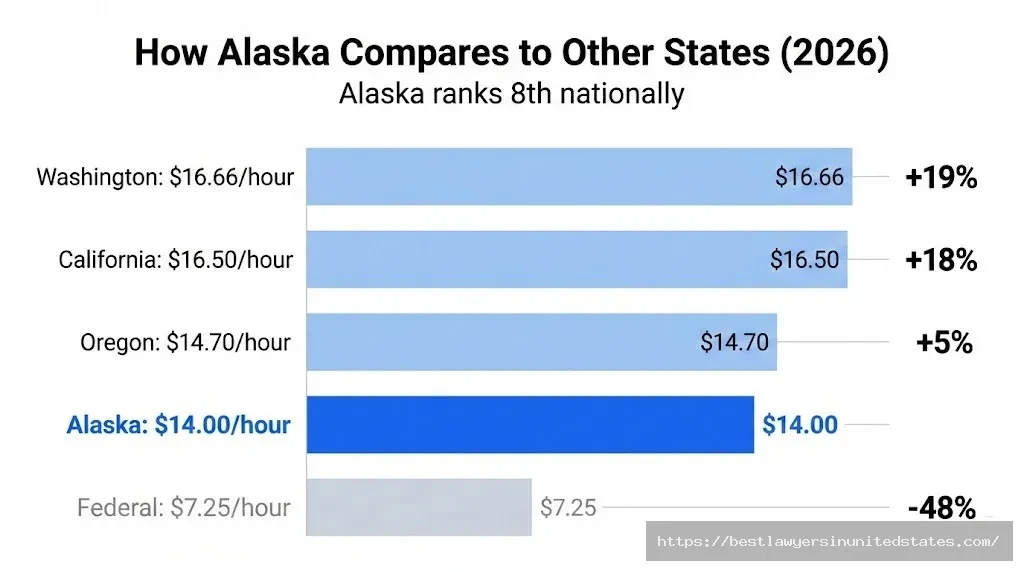 Alaska minimum wage $14 compared to California Washington Oregon federal rates 2026