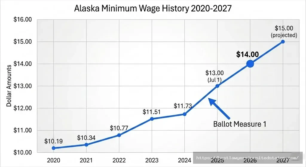 Alaska minimum wage increase history 2020 to 2027 timeline showing growth to $15