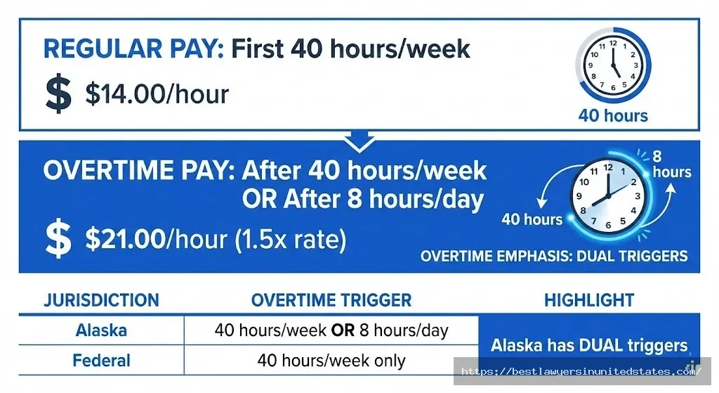 Alaska overtime pay rules 1.5x after 40 hours weekly or 8 hours daily calculation