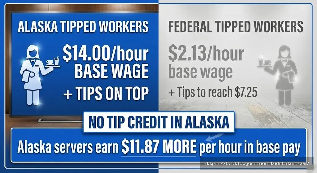 Alaska tipped minimum wage $14 versus federal $2.13 no tip credit allowed