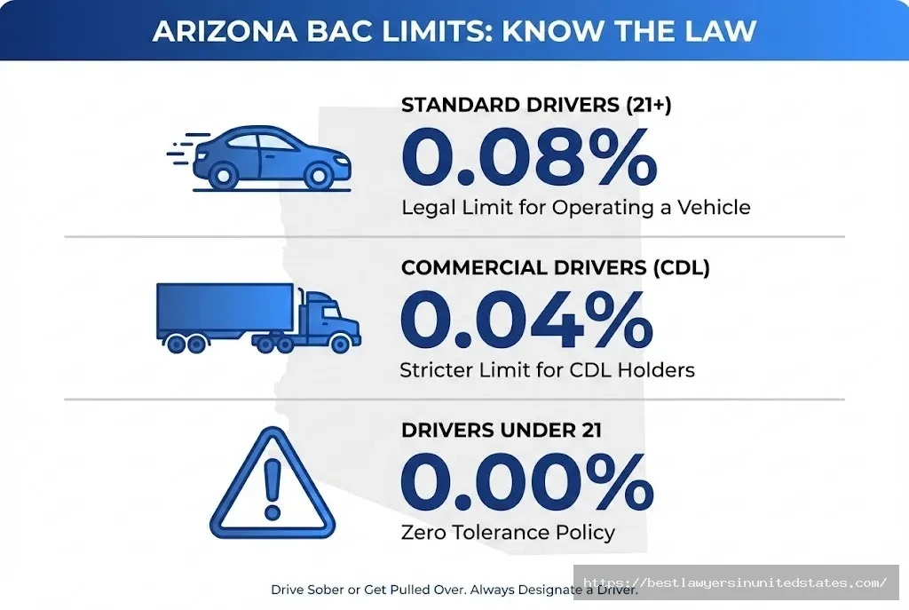 Arizona BAC legal limits chart showing 0.08% standard, 0.04% CDL, and zero tolerance for under 21