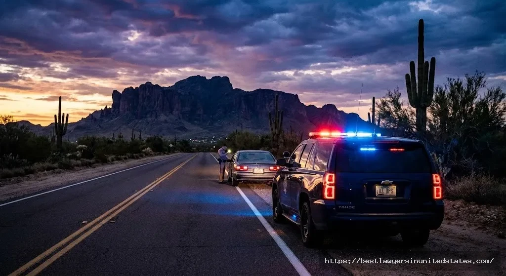 Arizona DPS traffic stop at sunset on desert highway with patrol car emergency lights