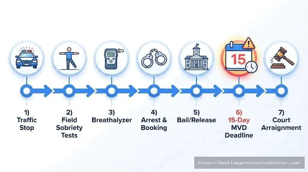 Arizona DUI arrest process timeline from traffic stop through court arraignment with 15-day MVD deadline