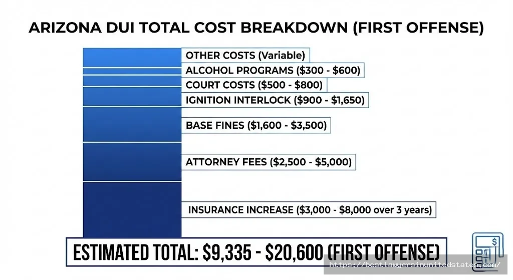 Arizona DUI total cost breakdown showing fines, attorney fees, ignition interlock, and insurance increases