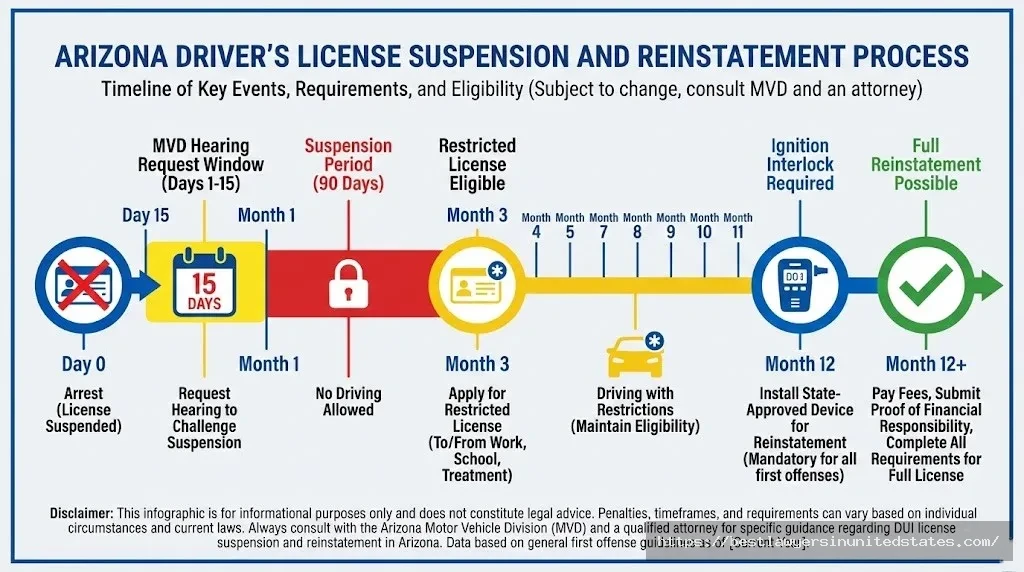 Arizona driver's license suspension timeline showing 15-day hearing deadline and reinstatement process