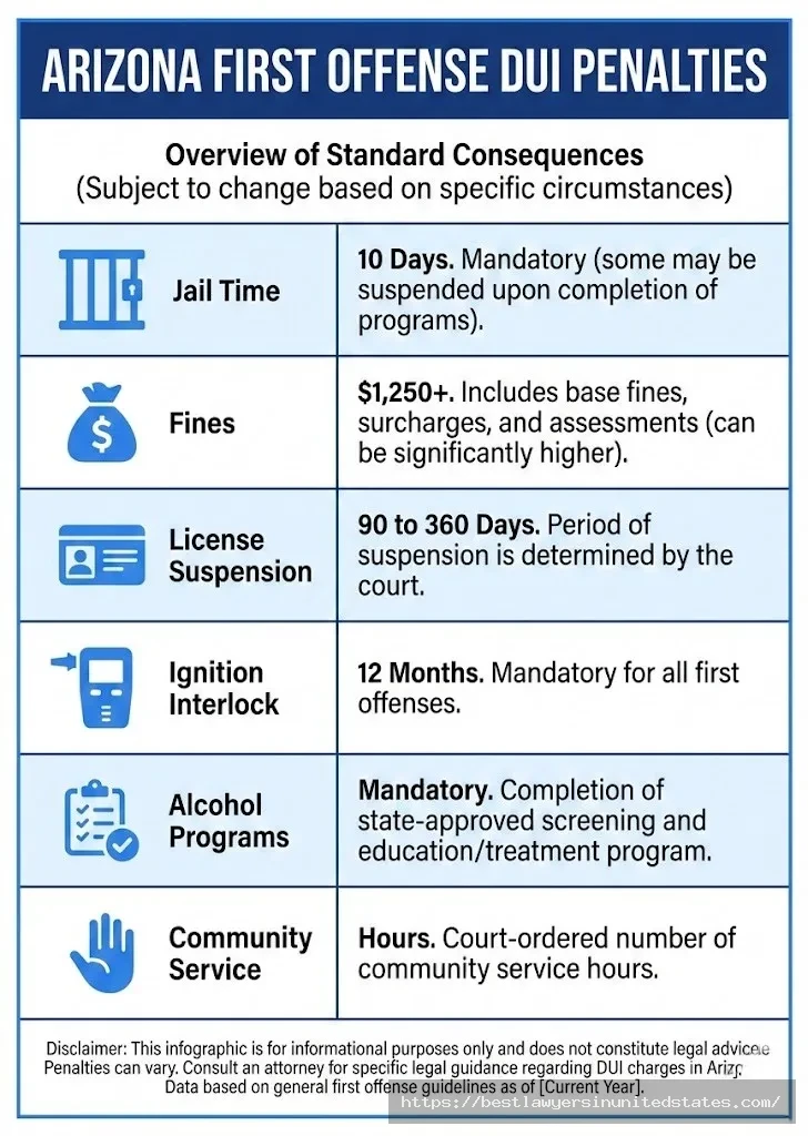 Arizona first DUI offense penalties including jail time, fines, license suspension, and requirements