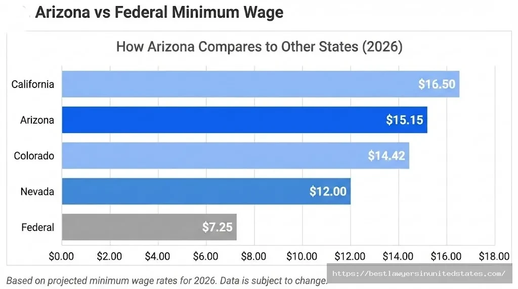 Arizona minimum wage $15.15 compared to California Washington Colorado federal rates 2026