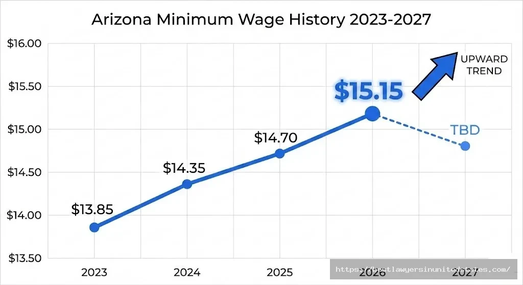 Arizona minimum wage increase history 2023 to 2027 timeline showing $15.15 in 2026