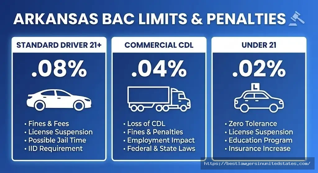 Arkansas BAC legal limits chart showing 0.08%, 0.04%, and 0.02% for different driver types