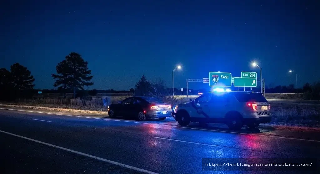 Arkansas DUI traffic stop at night with police lights on state highway